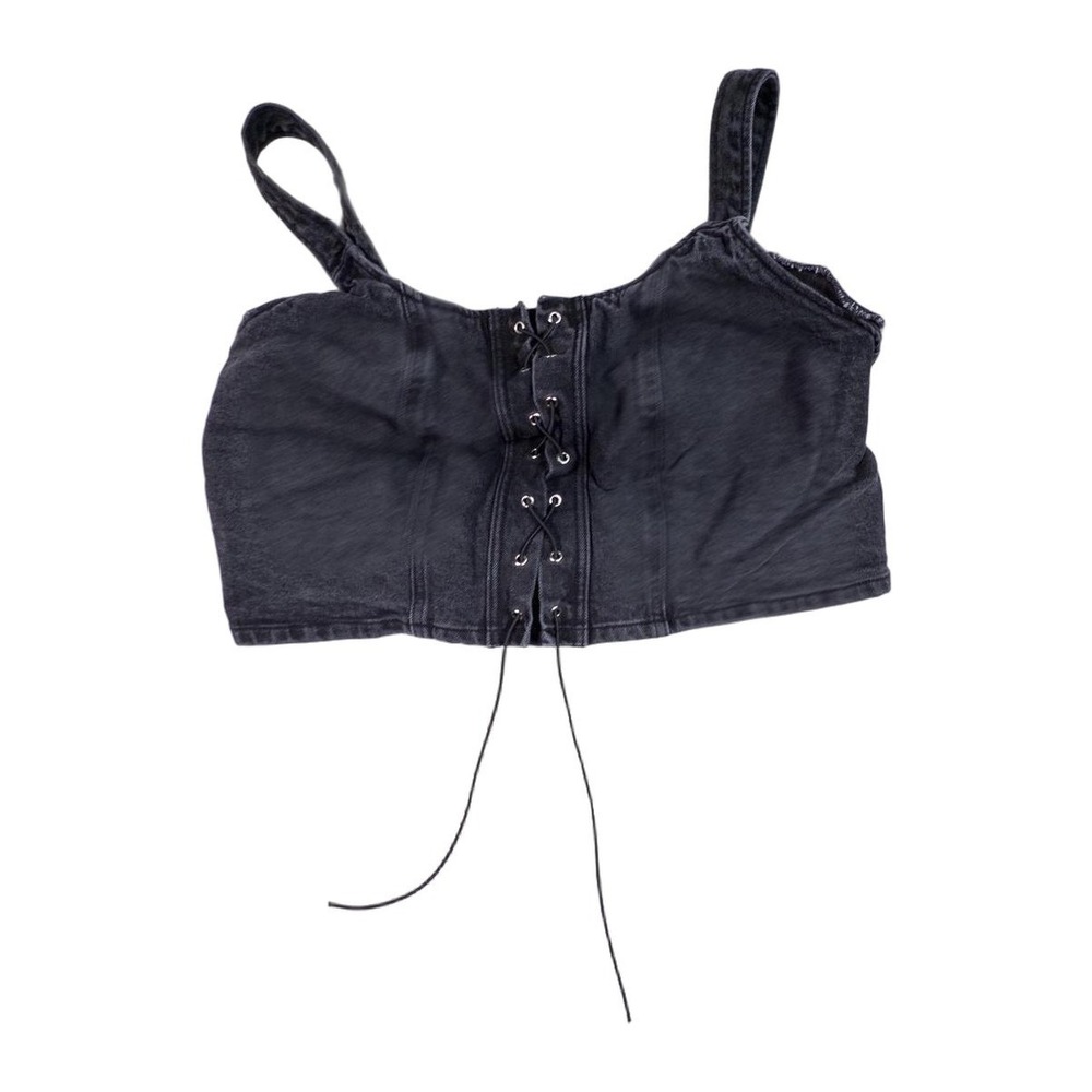 Womens Black Denim Corset Bustier Top Lace Up Front Spaghetti Straps Crop Tank S